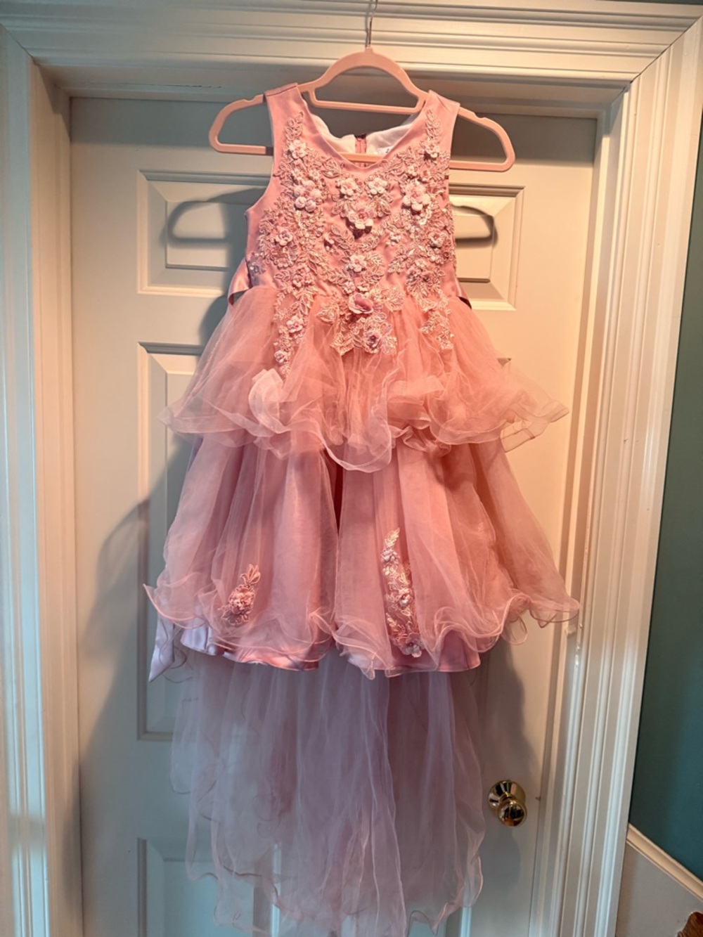Pink Floral Appliqué Tulle High-Low Girl's Dress